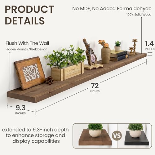 Image of Marsmiles 72 Inch Floating Shelf | 9.3 Inch Deep Dark Wood Wall Shelf Set of 1 | Rustic Reclaimed Wood Shelves for Room Wall | Farmhouse Floating Shelves for Living Room Bathroom