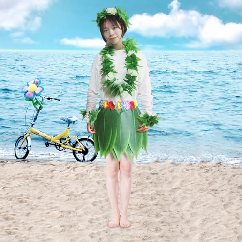 Hula Skirt for Adult 5PCS/Set Green Leaf Skirt with Necklaces Bracelets Headband Hawaiian Fancy Dress for Luau Party Favors, M Hawaiian Fancy Dress Women Hula Skirts for Adults Grass4