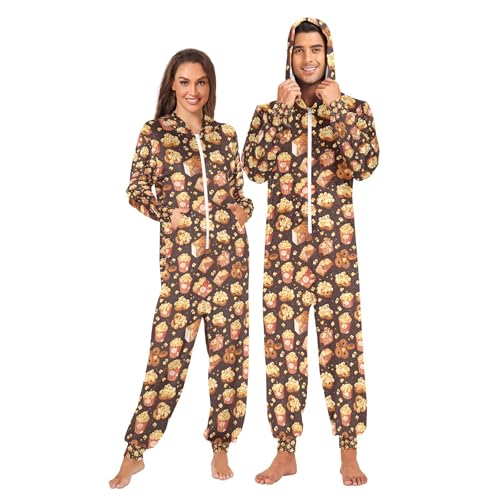 Wudan Pijama enterizo para adultos con capucha, ropa de dormir de una sola pieza con dibujos animados de palomitas de maíz, color marrón, Donut de palomitas de maíz de dibujos animados marrón, XXXL