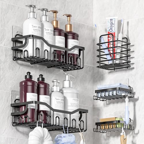 DAJYAWON Shower Caddy Adhesive, 5 Pack Bathroom Wall Organizer Shelves for Inside Shower, Black Shampoo Holder with Soap Rack&Storage Holder for Home Kitchen Decor