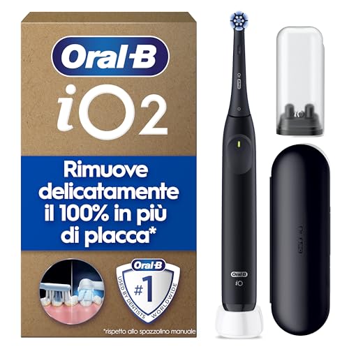 Oral-B iO 2 Spazzolino Elettrico, 1 Testina di Ricambio, Custodia, Nero - 1 Testine di Ricambio per Spazzolino Elettrico, Ricaricabile, Custodia da Viaggio, Delicato sulle Gengive, Pulizia Denti