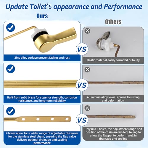 Image of Hibbent Universal Metal Front Mount Flush Toilet Handle Kit, Brushed Gold | Solid Brass Toilet Flush Tank Lever with Stainless Steel Adjustable Flapper Chains, Side Tank Toilet Handle for Most Toilets