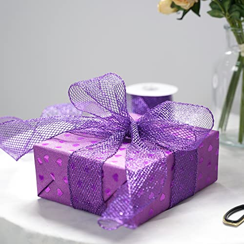 Huihuang Glitter Mesh Ribbon Purple Web Mesh Wired Ribbon Metallic Mesh Ribbon Sparkling Wire Edge Ribbon For Gift Wrapping Bow Making Home Decor Wreath Diy Crafts Tree Topper Bows-2.5" X 10 Yards #TOP5