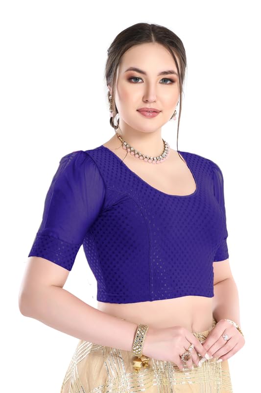 Image of FINESTFIT Stay On Trend Fashion 100% Cotton Readymade Blouses for Women,Round Neckline with Organza Balloon Sleeves.