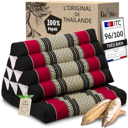 livasia Coussins thaï à 1 Bloc - 75x50x8cm - Coussin Triangulaire avec Coussin d’Assise, Coussin en biseau en kapok, Coussin de Soutien Dorsal Pliable,...