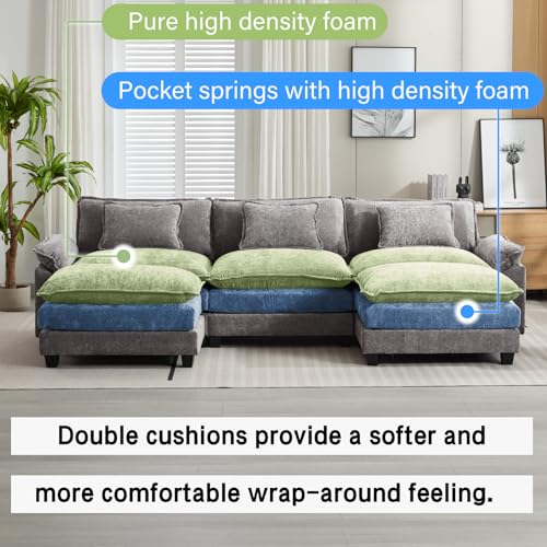 Image of Oprisen 120 inch Modular Sectional Sofa, Comfy Cloud Couch Sectional Sofa with Ottoman, Chenille Sofa Sleeper Deep Seat Sofa with Throw Pillows for Living Room (Light Gray, 120 inch- U Shape)