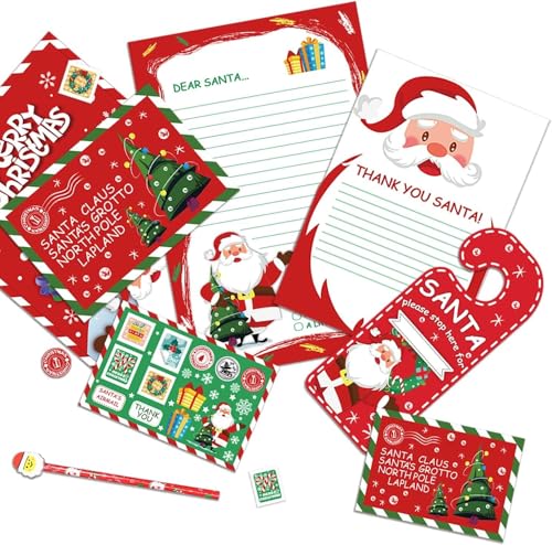 SULOLI 8 Piezas Chica de cartas de Papá Noel，Trajeta de Navidad，Tarjeta de Cumpleaños para Navidad，Juego de Escritura de Papá Noel，Incluye Bolígrafo