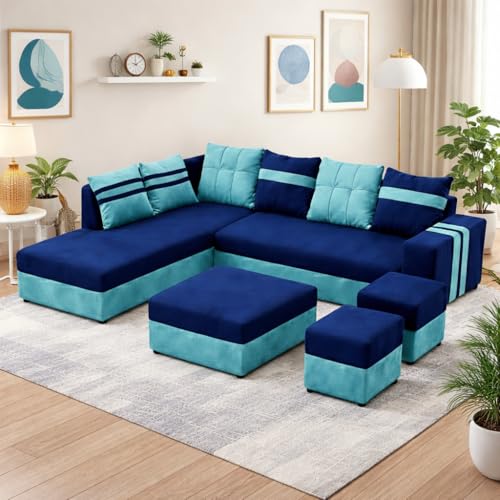 Image of Stova Luxe Velvet-Suede Fabric 8 Seater LHS L Shape Sofa Set | with 2 Ottoman & Centre Table| Comfortable & Spacious Seating | Modern Sofa Set for Living Room - Sky Blue & Dark Blue
