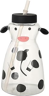 Glass Tumbler with Straw and Lid, Cartoon Cow Ice Coffee Cup Can Shaped Glass Soda Can Cup Cute Tumbler Cup, 3D Animal Cow Mug for Milk, Smoothie, Tea, Water(21OZ)