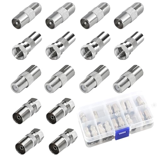 Sariputa Juego de 16 conectores F tipo TV para antenas coaxiales, juego de conectores de cable coaxial, adaptadores de antena, conector macho a conector coaxial de TV hembra, kit de cables F para