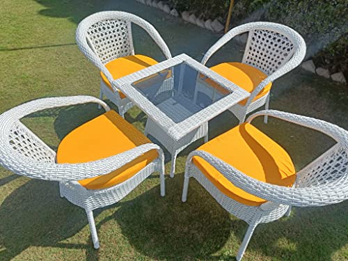 Image of Anaya Decor D-8 Chairs Table Set 4+1 Wicker Patio Furniture Sets 4 Chair and 1 Table with Cushions for Garden Balcony Bedroom Powder Coated Frame Uv Protected Wicker (Off White+Yellow)
