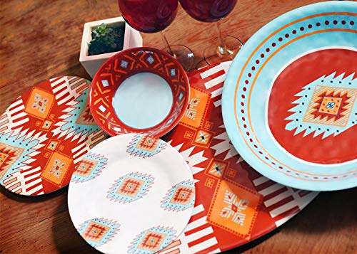 Image of Paseo Road Southwest 14 Piece Melamine Plastic Dinnerware Set with Plates, Bowls and Serving Platter, Aztec Geometric Pattern, Western Southwestern Rustic Cabin Lodge Style