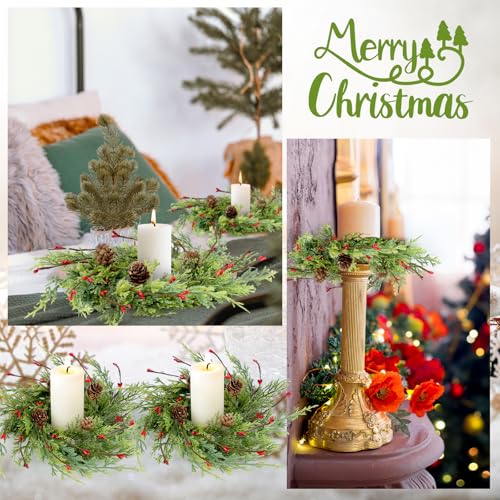 Image of 12 Pcs Artificial Christmas Candle Rings 9 Inch Cedar Pine Garland Wreaths with Red Berries Pinecones Wreaths Pine Needles Candle Ring Holder for Christmas Winter Decorations Table Centerpiece