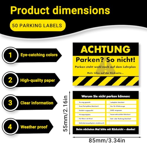 GNHG 50x Achtung! Lustige Strafzettel für Falschparker – Parken? So Nicht! – Witzige Parkzettel & Scherzartikel für Autofahrer – Wetterfest & Hochwertig Scherzartikel, Gag-Geschenk
