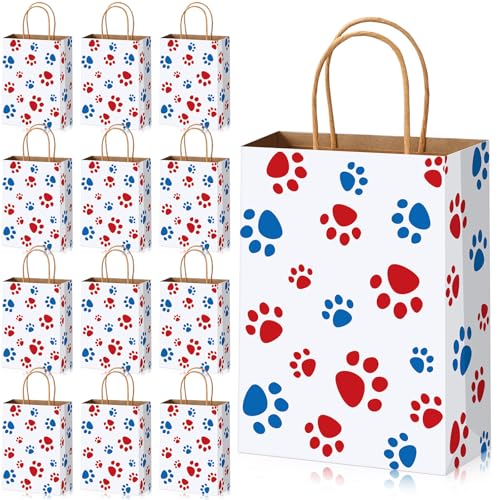 Blulu 20 Pcs Dog Paw Gift Bag, White Backing, Red Blue Paws