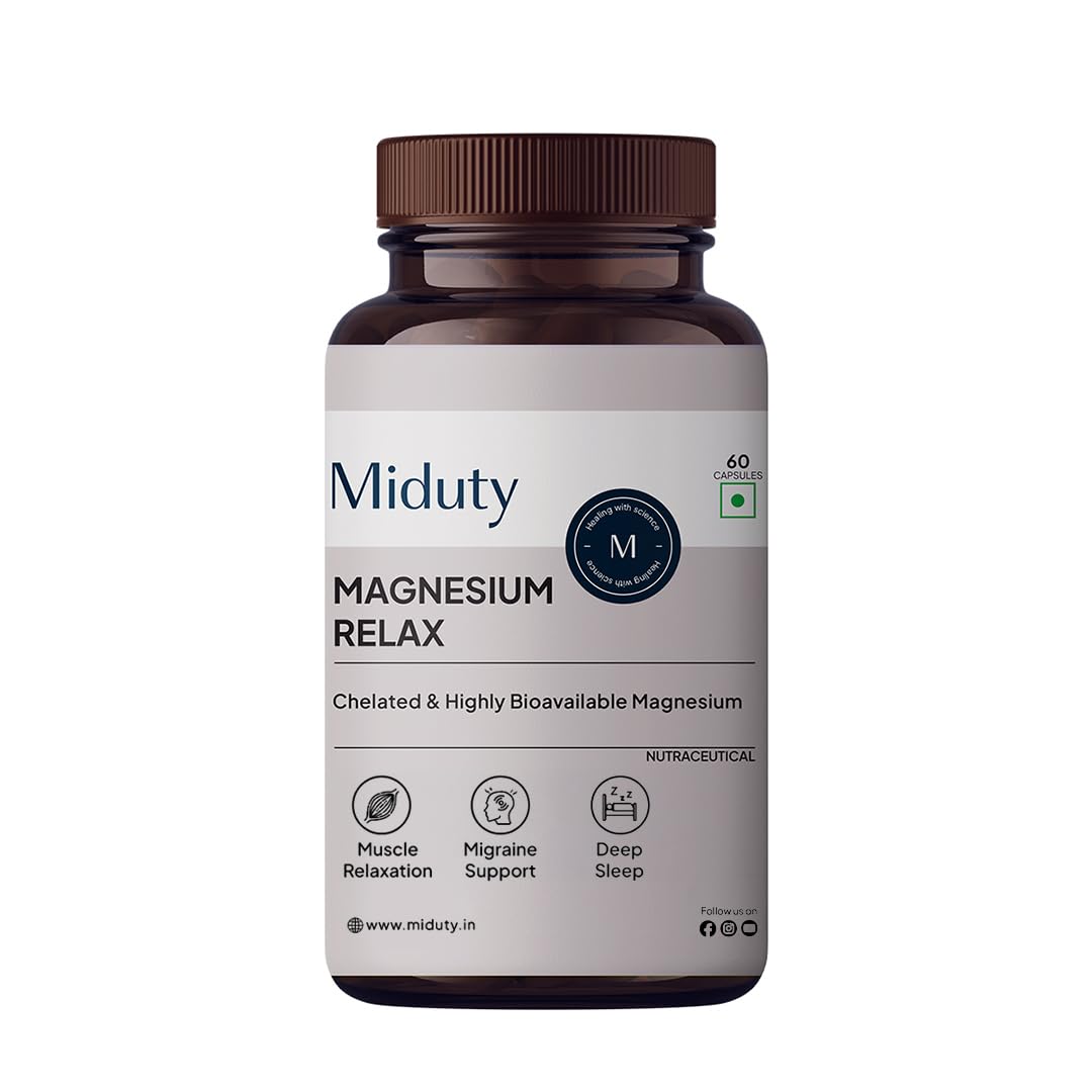 Miduty Magnesium Relax Supplement 1000mg -100% Chelated - High Absorption Magnesium Bis glycinate with Vitamin B6 and Oxide | Helps in Muscle Recovery, Cramp, Migraine & Good Sleep | 60 Capsules-image-6