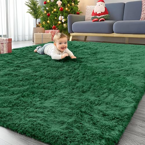 OLANLY 6x9 Machine Washable Large Area Rugs for Living Room, Bedroom, Soft Fluffy Shaggy Bedside Rug, Indoor Floor Carpet for Kids Girls and Boys, Dorms, Nursery, Home Decor Aesthetic, Dark Green