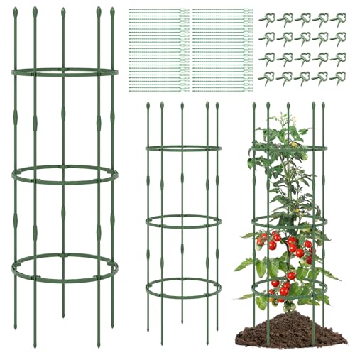 COSTWAY Tomaten Rankhilfe 3er Set, ∅50cm | verstellbare Höhe | 3 Ringe, Tomatenkäfig Pflanzenkäfig Garten, Pflanzenstütze für Kletterpflanzen Gurken Blumen, Metall & Kunststoff, Grün (154cm hoch)