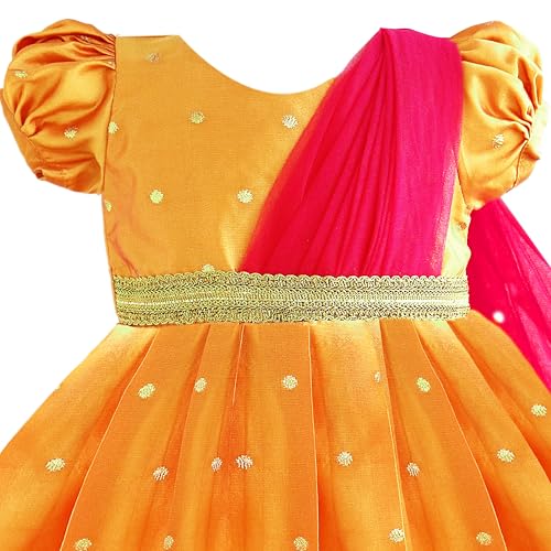 Image of Stanwells Kids Gold & Peach Banarasi Silk Saree Frock for Baby Girls - Traditional Ethnic Dress for Birthday (6 Months-7 Years)