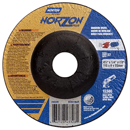 Norton 66252843328 4-1/2x1/4x7/8 in. NorZon Plus SGZ CA/ZA Grinding Wheels, Type 27, 20 Grit, 25 Pack