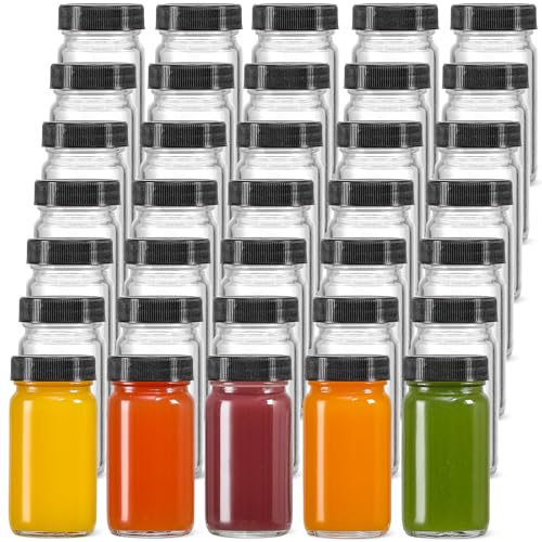 LANDNEOO 35 Pack 2 oz Glass Shot Bottles w/ Black Lids & 35 Labels - Small Clear Jar for Ginger, Wellness Shot, Juice, Sample, Whiskey - Travel Essentials Mini Bottles - Wide Mouth, Leakproof, Dishwa