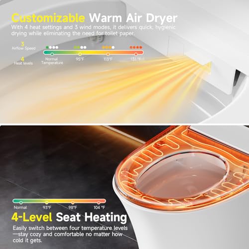 Inodoro inteligente premium con escudo de espuma, inodoro bidé de una pieza con doble descarga 1,1/1,28 GPF, apertura y cierre automáticos, asiento calefactado ultra ancho, lavado tibio y secado al aire, esterilización UV miniatura 3