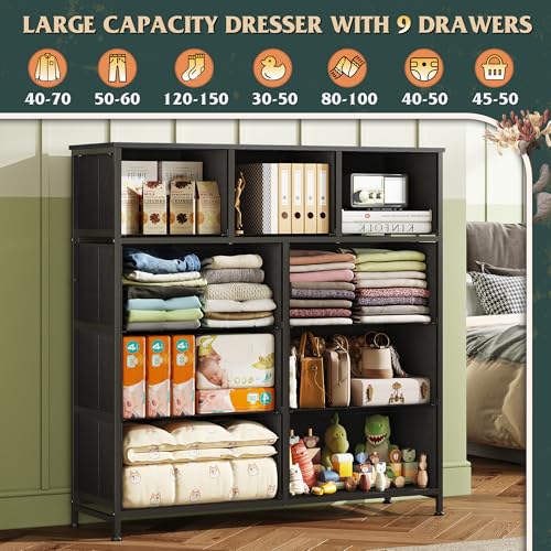 Image of WLIVE 9 Drawer Dresser, Fabric Storage Tower for Bedroom, Hallway, Closet, Tall Chest Organizer Unit for Bedroom with Fabric Bins, Steel Frame, Wood Top, Easy Pull Handle, Vintage Green
