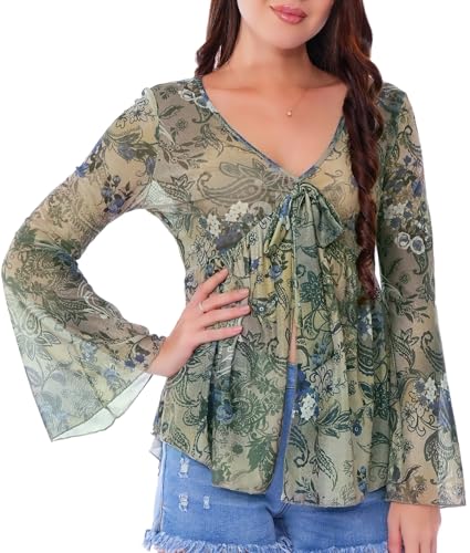 Image of Bell Bottom Sleeve Tops for Women Floral Print Tie Front Shirts Boho Mesh Sheer Blouse 70s Peplum Vacation Tee Green L