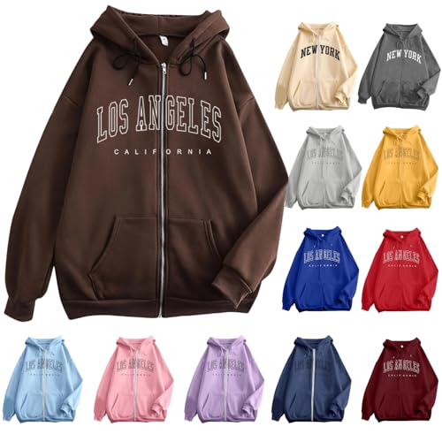 Hoodies For Teen Girls Trendy Long Sleeve Zip Up Oversized Sweatshirt Lightweight Los Angeles Preppy Fleece Jacket