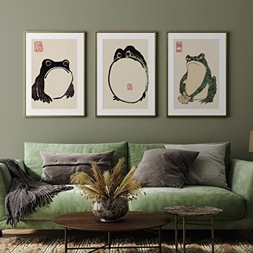PAINURA Frog Poster Japanese Wall Art Canvas Vintage Room Decor Wabi Sabi Decor Japanese Frog Wall Art Minimalist Decor for Bedroom Decoration Funny Posters Frog Decor (A, 12x16Inchx3 Unframed)