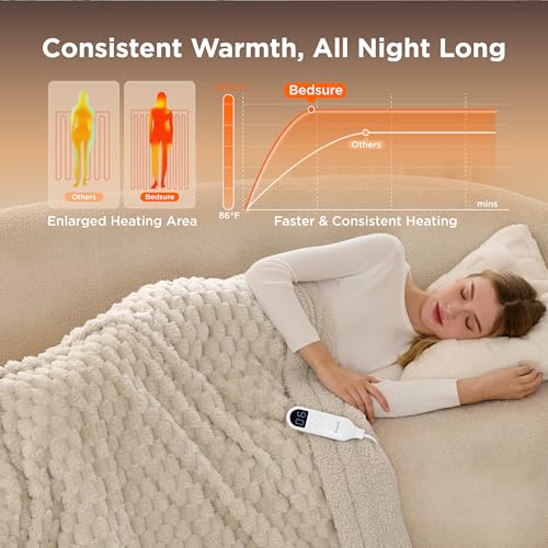 Image of Bedsure Heated Blanket Throw - Super Soft Flannel Sherpa Electric Blanket with Bubble Pattern, Heating with 6 Heating Levels, 4 Time Settings, and 3-Hour Auto-Off (Light Brown, 50x60 inches)