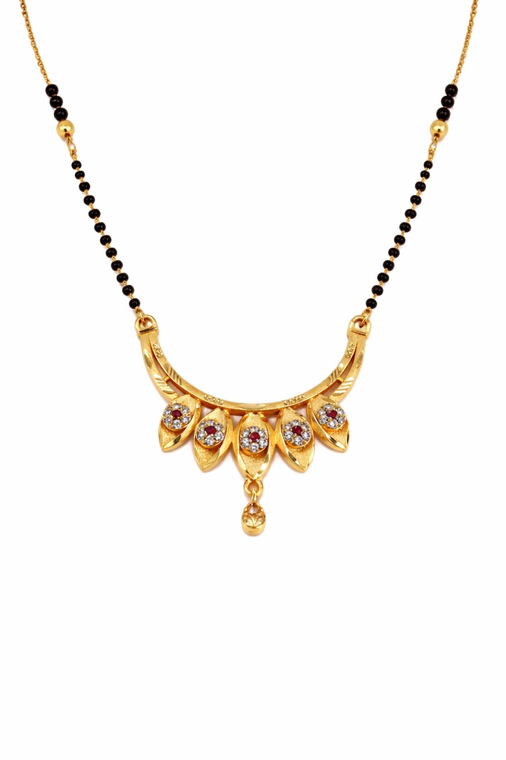 Traditional Gold Plated Mangalsutra Necklace with Black Beads Chain, Leaf Design Pendant with Crystal Stones and Drop-picture-42