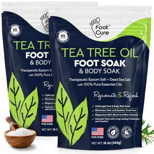 FOOT CURE Tea Tree Oil Foot Soak with Epsom Salt - Best Toenail Fungus Treatment Athletes Foot & Softens Calluses - Soothes Sore & Tired Feet Fungal Toe Foot Odor Scent Spa Pedicure (Pack of 2)