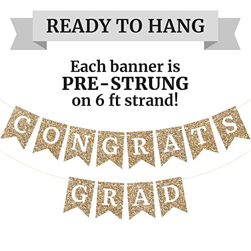 Image of Pre-Strung Congrats Grad Banner - Gold Glitter Graduation Party Banner | No DIY - Pre-Strung on 6 ft strands - Gold Congrats Grad Graduation Party Decorations - Class of 2026 High School or College