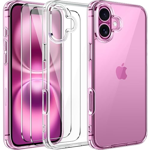 ivoler Clara Funda para iPhone 16 Plus 6.7-Inch, con 2 Piezas Cristal Templado y Marco de Instalación, [Protección Militar] Anti-Amarillo Carcasa Antigolpes Bumper Case - Transparente