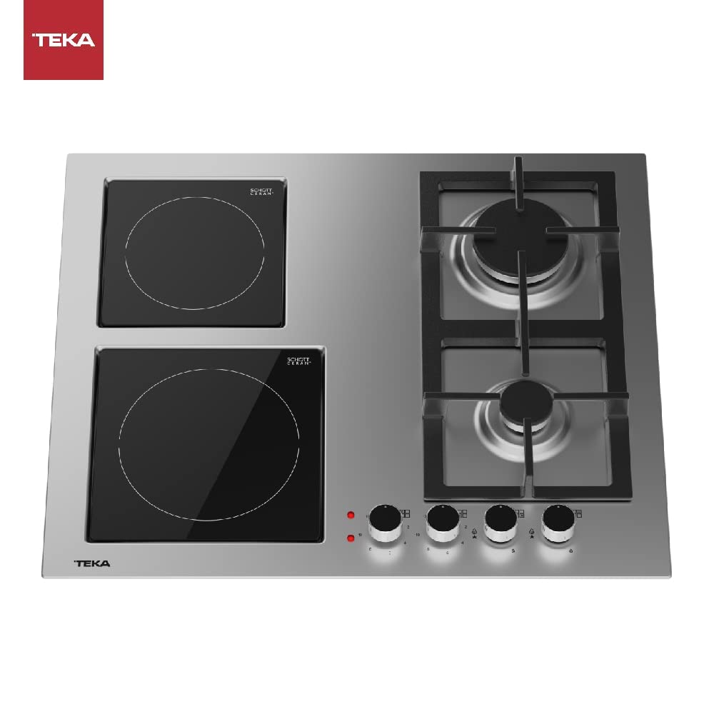 Teka EFX 60.1 2G 2H AI AL - Placa Mixta 4 Zonas de Cocción (2 Fuegos de Gas Butano y 2 Fuegos Vitrocerámica), Mandos Frontales, Inyectores para Gas Natural Incluidos, Color Acero Inoxidable