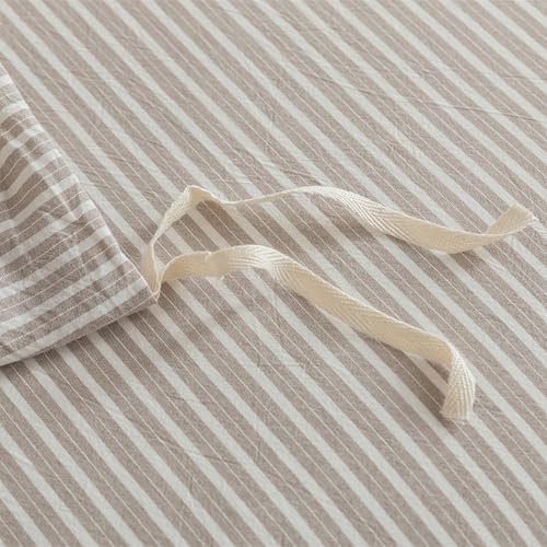 JIYUAN 100% Washed Cotton Pinstripe Duvet Cover Set Twin Size 68"x90", Linen-Like Soft Breathable Durable Bedding Set with Zipper Closure, All Season, Taupe/White by JIYUAN - Used condition - Image 7