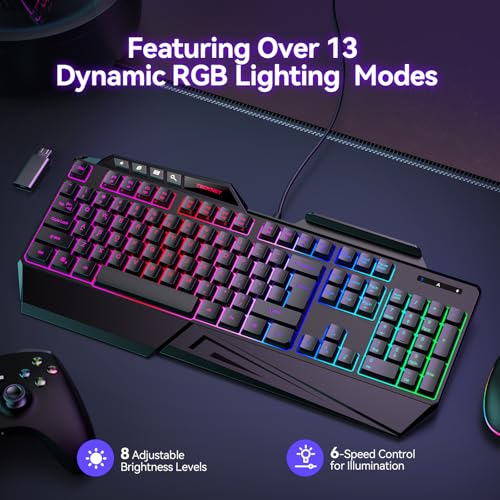 TECKNET Wired RGB Gaming Keyboard - 26-Key Anti-Ghosting, 13 Lighting Modes, Spill-Resistant, 108 Membrane Keys, Plug & Play - with Ergonomic Wrist Rest & Phone Holder for Windows/Mac (Black) - Image 5