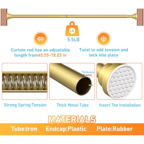Image of MEXAU 2 Pack Tension Curtain Rod For Window 45-77 Inches Adjustable Expandable Gold Spring Tension Rod Spring Curtain Rods No Drilling Extension Rods Tension Rod for Closet Doorway Kitchen