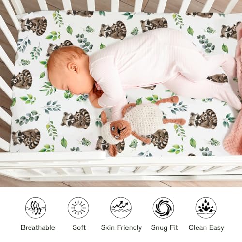 Image of Cute Raccoon Green Leaves Baby Crib Sheets for Girl Boy 52 inchx28 inch Mother Baby Raccoon Soft Breathable Crib Mattress Cover Animals Boho Retro Leaves Bed Sheets Fits Standard Crib and Toddler Mattress