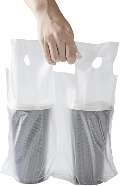 Restaurantware Bag Tek Plastic Drink Carriers 100 Double Cup Plastic Bags For Cups - Disposable With Handles Clear Plastic Drink Delivery Bags For Delivery Coffee Tea Juice