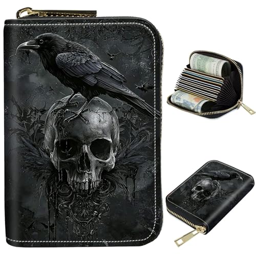 Image of Cute Credit Card Holder with Zipper, Crow Skull RFID-Blocking Card Case Small Wallet for Women Men, Multi-slot Card Organizer Case Travel Accordion Wallet