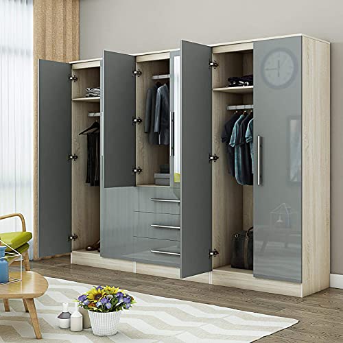 Unique Furnishings Gloss Grey Large Wardrobe - 6 Door 3 Drawers & Long Mirror - Image 7