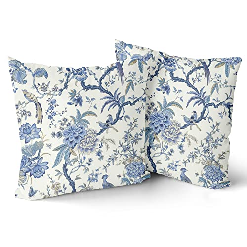 Chinoiserie Pillow Covers 20X20 Inch Blue And White Outdoor Pillows Blue Birds Flowers Throw Pillow Covers Cotton Square Cushion Cover Decor For Bedroom Couch Bed Living Room Sofa Chair Set Of 2 #TOP1