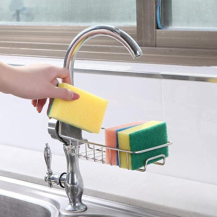 Brillwist Kitchen Sink Faucet Sponge Holder Caddy Organizer, Stainless Steel Dish Heavy Duty Hanging Drain Rack for scrubbers, soap, Bathroom, Detachable no Suction Cup Bathroom soap Holder Stand (B0D4Y8LD15) Amazon Price History, Amazon Price Tracker