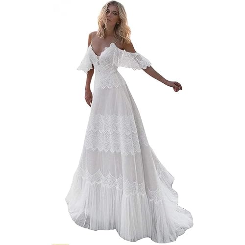 Women's Wedding Dresses Chic Lace Evening Dresses V Neck Ruffle Sleeves Beachy Boho Outdoorsy Wedding Gowns