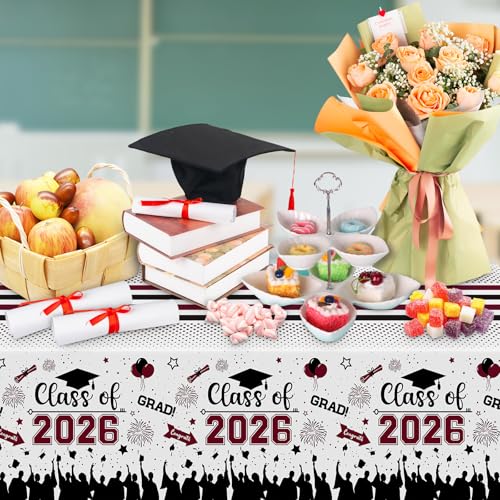 Image of Graduation Decorations Class of 2026 Tablecloth - 3 Pcs Plastic Congrats Grad Table Cloth, Graduations Table Cover for Graduation Party Decorations 2026 and Party Supplies, 54 inchx108 inch (Maroon and Black)
