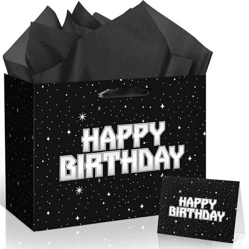 Space Party Gift Bag Galaxy Gift Bag with Card Tissue Paper Space Party Decorations Outer Space Stars Party Favors Bags Black Birthday Wrapping Paper Goodie Candy Bags for Boys Kids Birthday Party