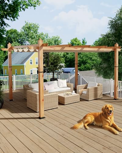 Image of KYBOLT 10x13 Ft Outdoor Pergola with Retractable Canopy Upgraded Aluminum Faux Wood Grain Patio Pergola for Modern Backyard Deck Porch Grape Trellis(Khaki)