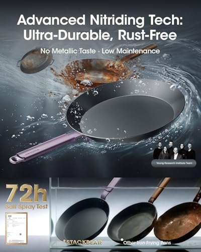 Image of Carbon Steel Frying Pan 12 Inch, Nitrided Steel Skillet, Preseasoned Rust Resistant Large Cooking Pan with Ergonomic Handle & Removable Silicone Grip, Induction & Oven Safe